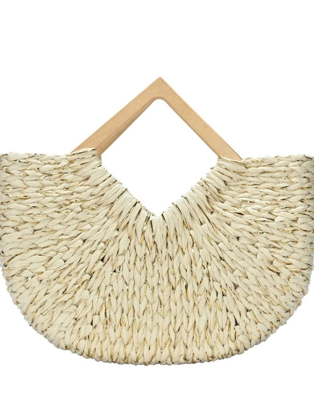 Buru Shop woven crescent straw satchel with structured geometric handles.